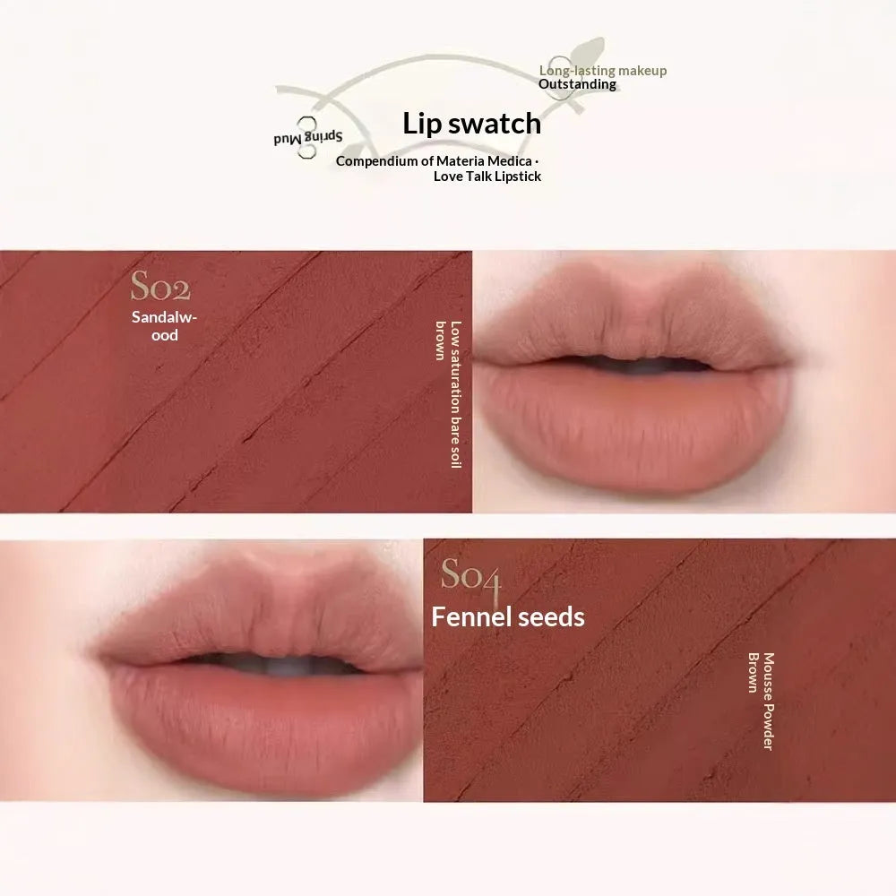 Matte brown lip mud in nude earth tones, long-lasting and easy to colour for fair skin