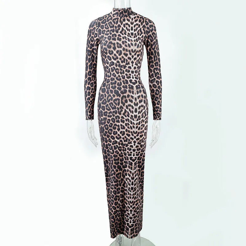 Leopard print long sleeve dress with stand collar and high waist hip skirt design