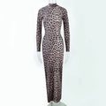 Leopard print long sleeve dress with stand collar and high waist hip skirt design