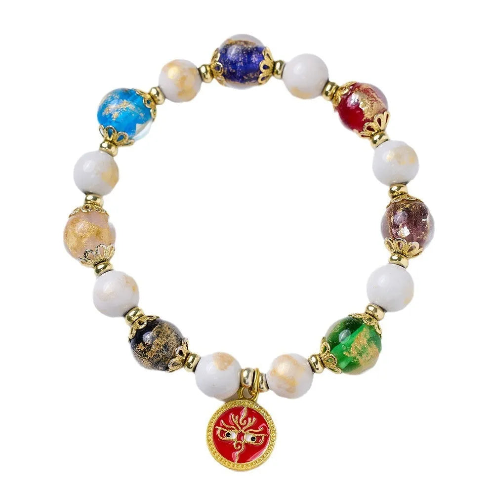 Handmade glass glaze bracelet with Five Gods of Wealth design on 10mm geometric beads.