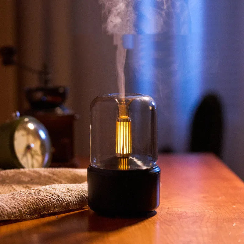 Beige candlelight aroma diffuser humidifier with USB cable, 120ml capacity, LED night light effect