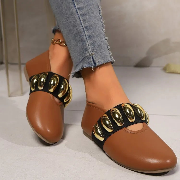 Women's brown flat slip-on loafers with round toe, metal buckle and sequin detail, sizes 36-43