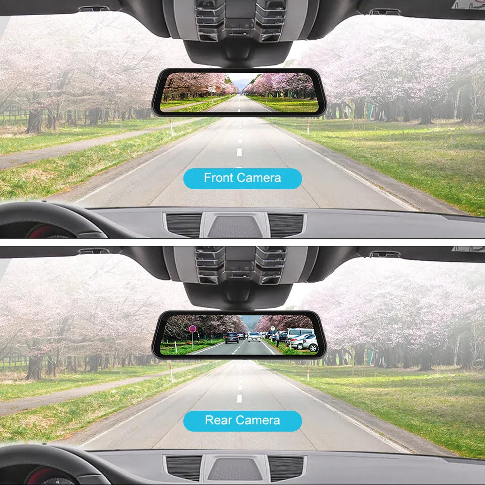 9.66-inch black car dash cam mirror with touch screen, showing split-screen display for front and rear camera feeds.