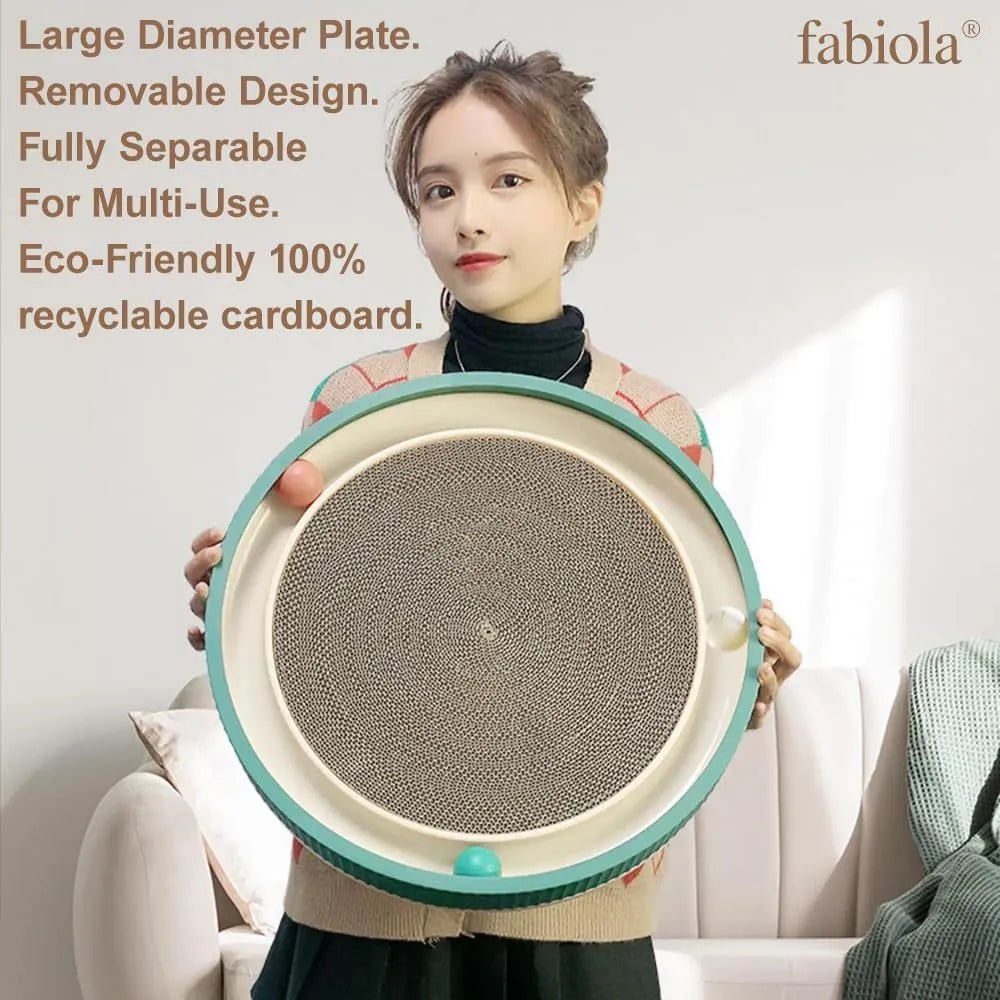 Large circular cat scratching board with moving ball toys and replaceable cardboard core