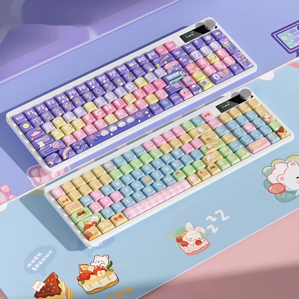 Black mechanical keyboard with RGB backlighting and sublimation keycaps next to laptop