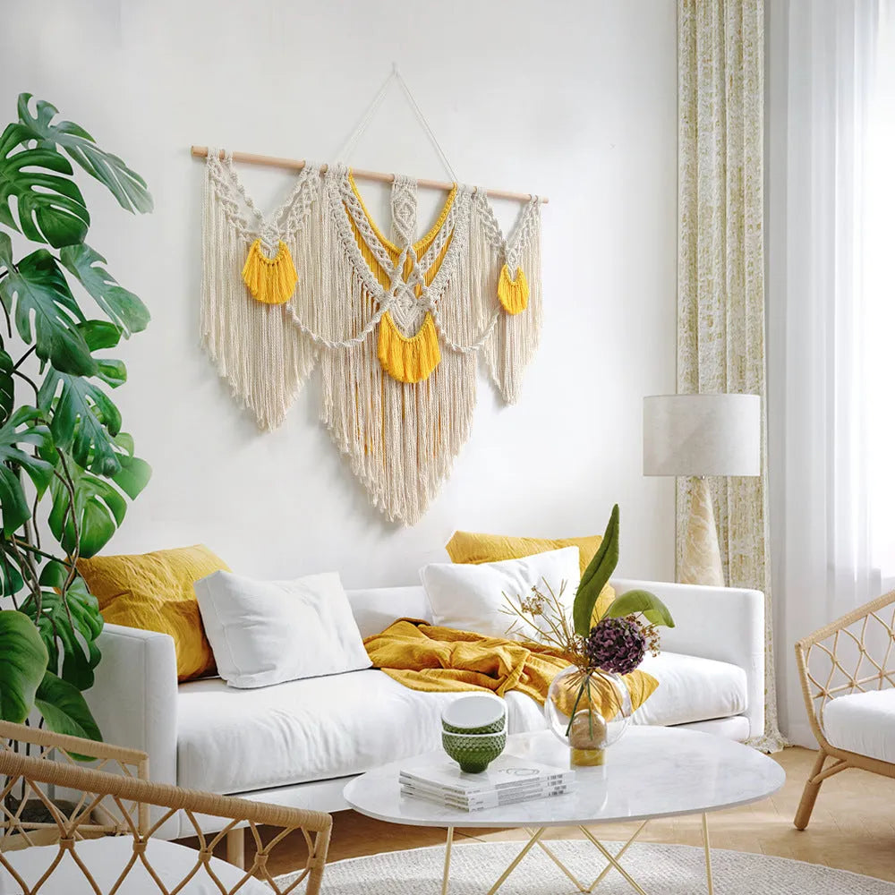 Hand-made creamy white and yellow cotton woven wall tapestry, rectangle 120cm by 95cm.