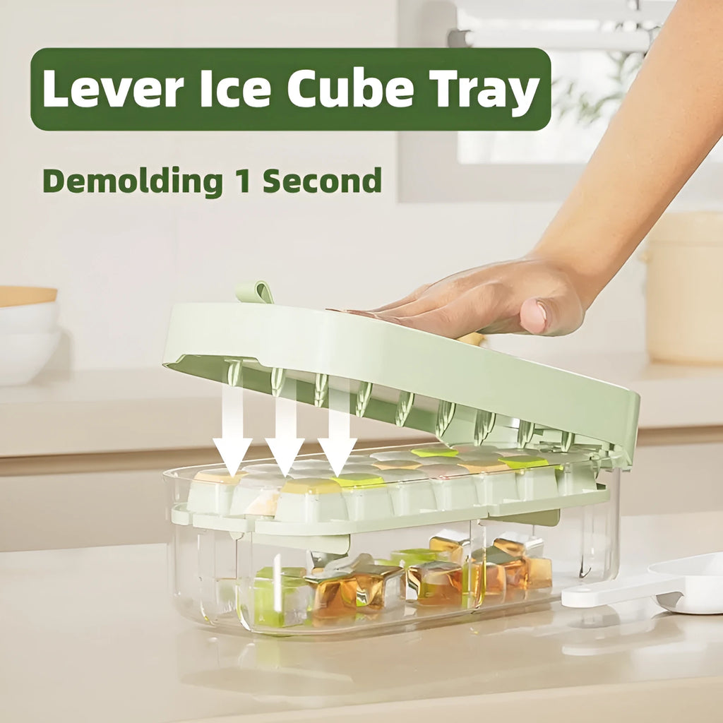Blue high-capacity ice cube tray with grid design and an ice shovel stored on the side.