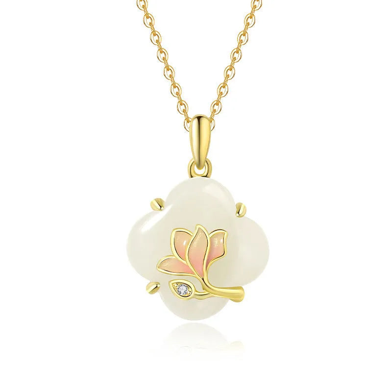 S925 sterling silver Magnolia flower necklace, bracelet, and earrings set with inlaid Hetian jade.