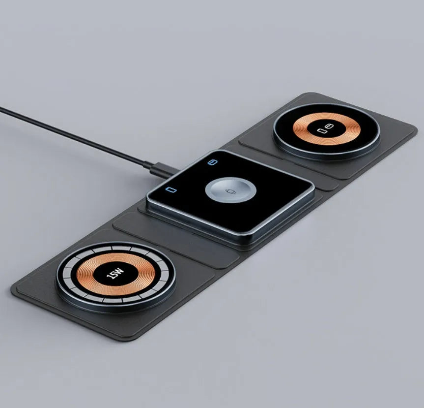 Black transparent Magsafe three-in-one magnetic wireless charging station with TYPE-C interface