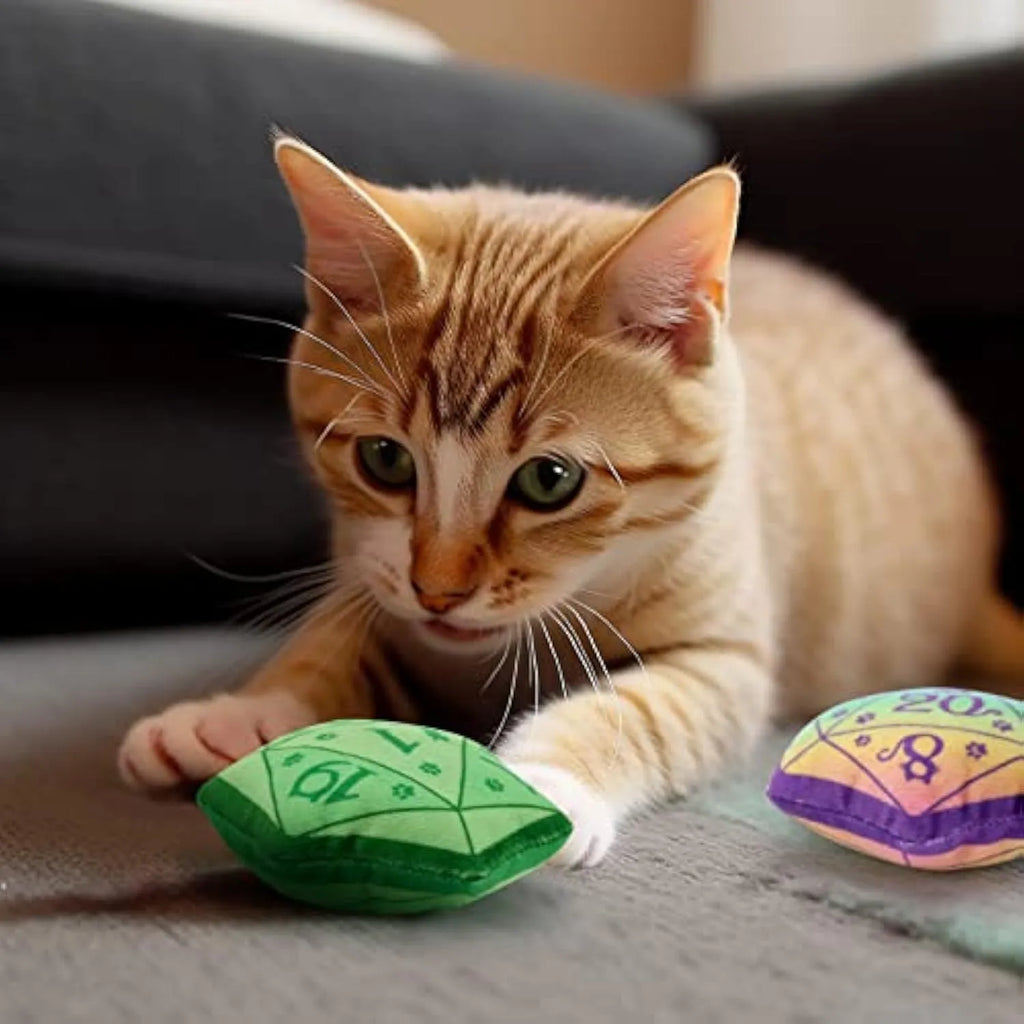 Blue dice-shaped catnip toy with dot markings on cube faces