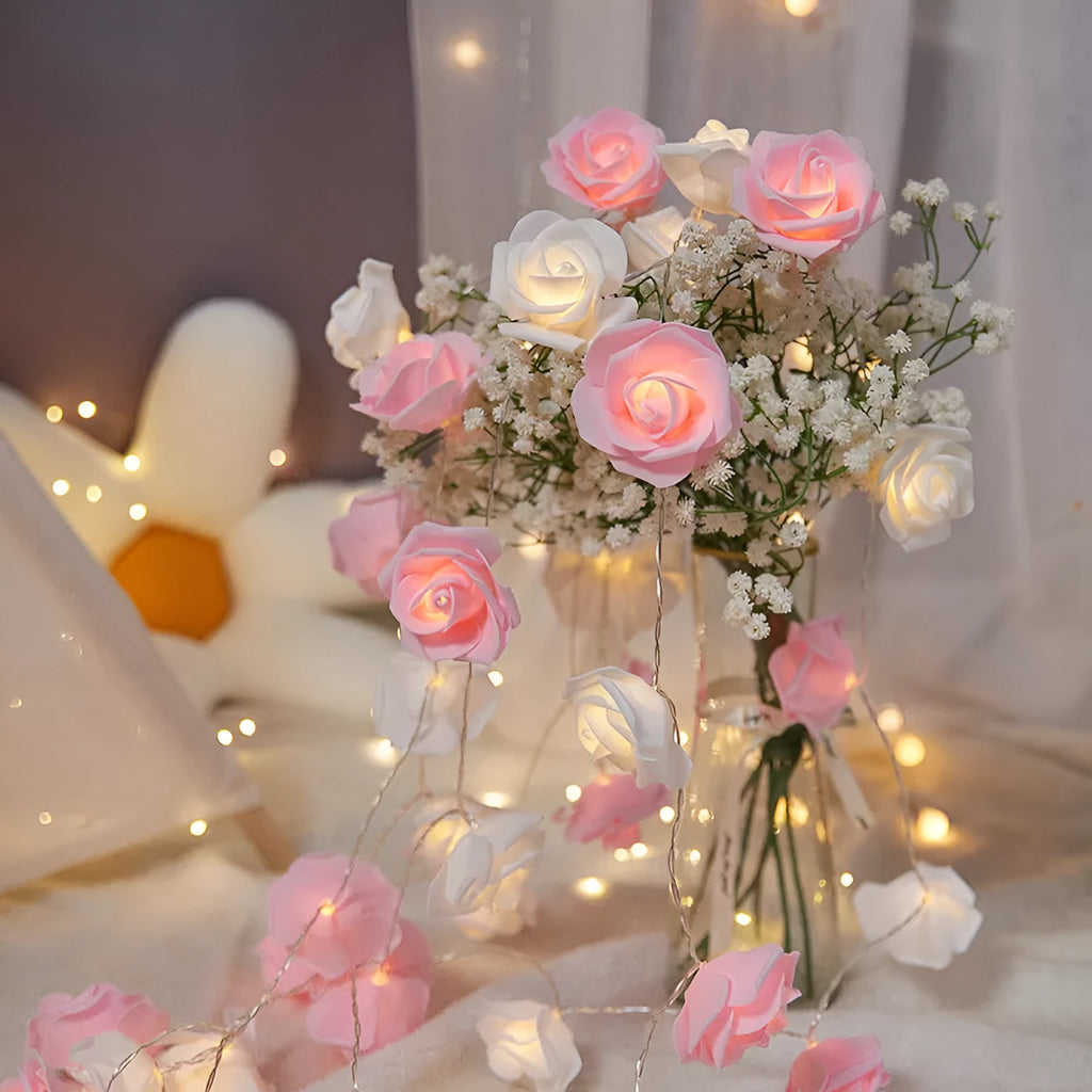 LED rose shaped coloured lights on 1.5m cable with battery power unit for indoor holiday decoration