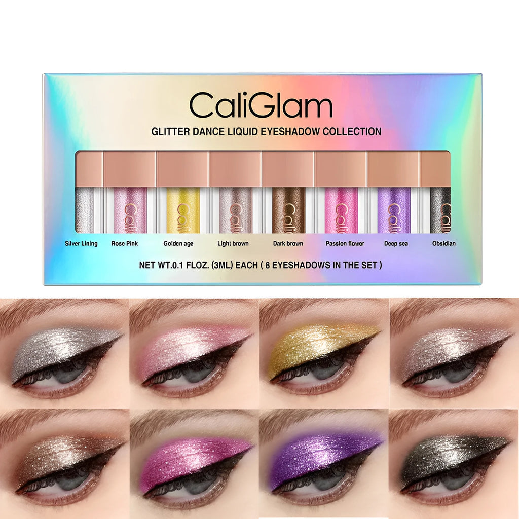 Multicolor pearl glitter liquid eyeshadow set in black base with 8 shimmer shades classification C005