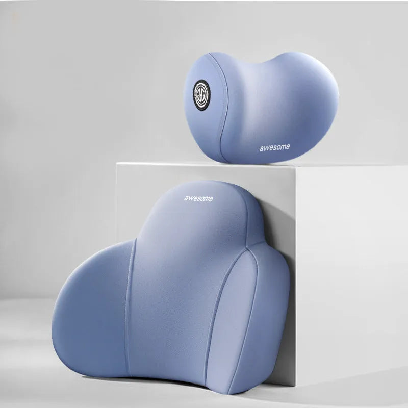 Automotive headrest and lumbar support pillows with all-cotton covers and memory foam filler in various colour options