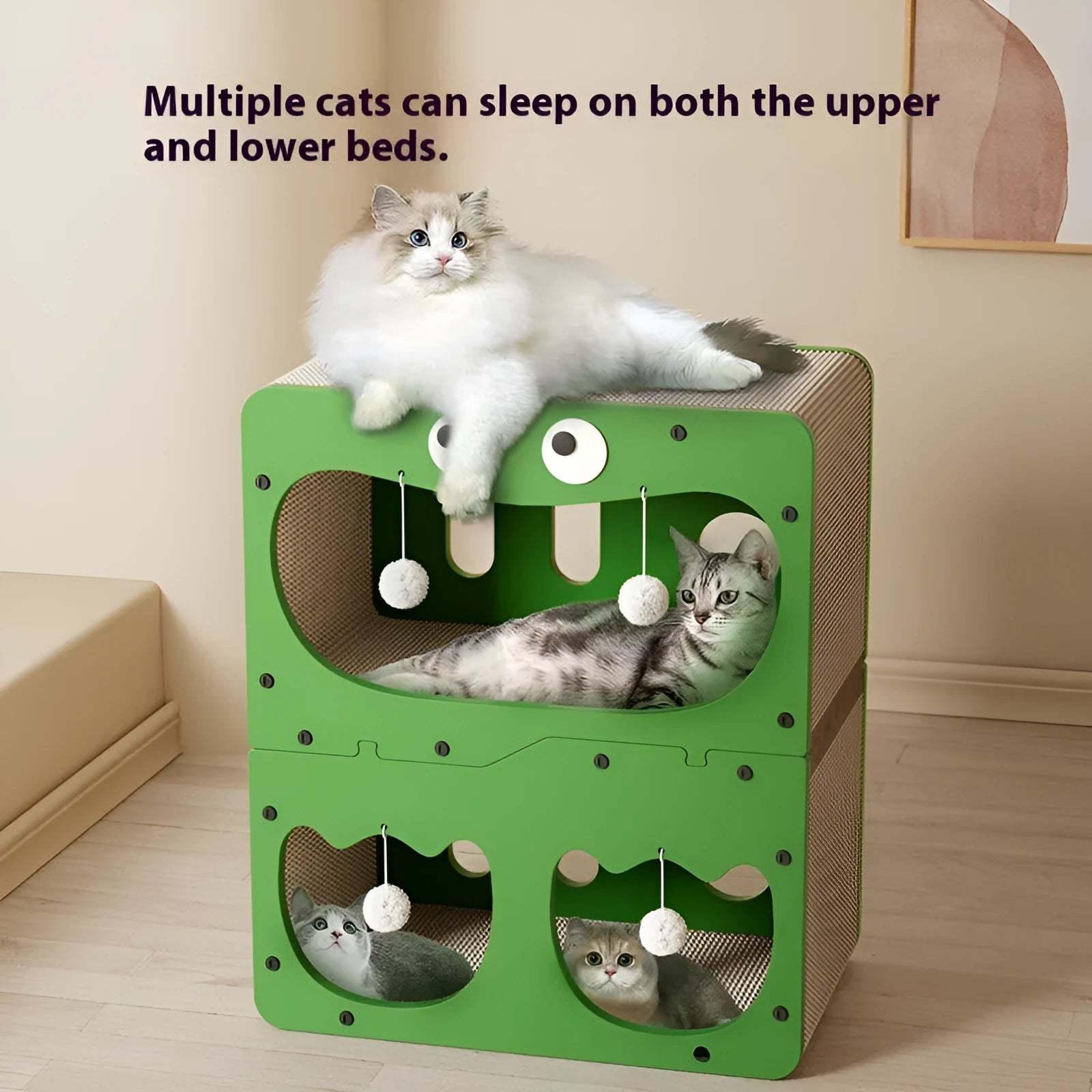 Double-layer cat scratching board and enclosed sleeping nest with a double-door entrance.
