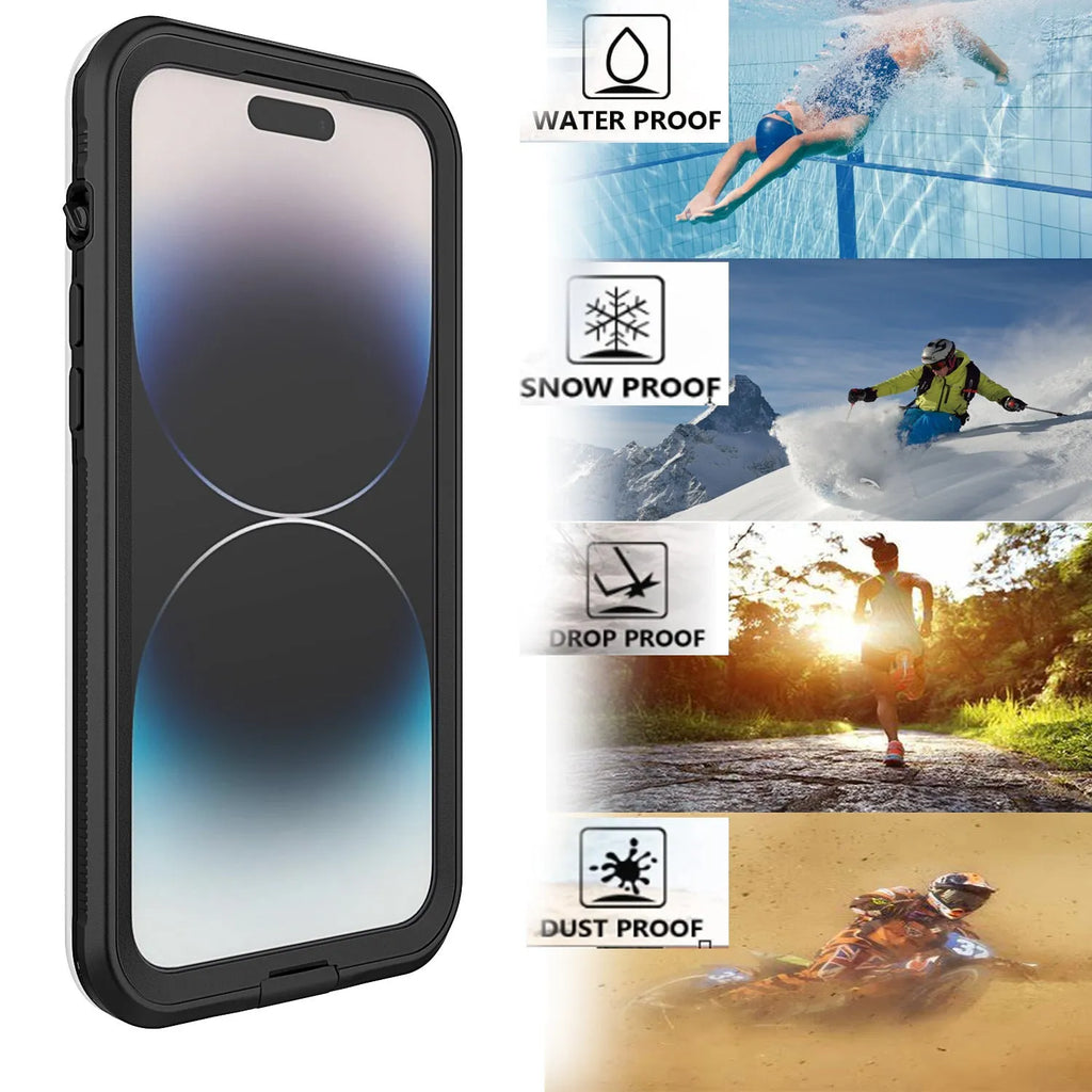 Black frosted TPU waterproof anti-fall protective case for iPhone, shown alongside optional pink and blue colour variants.