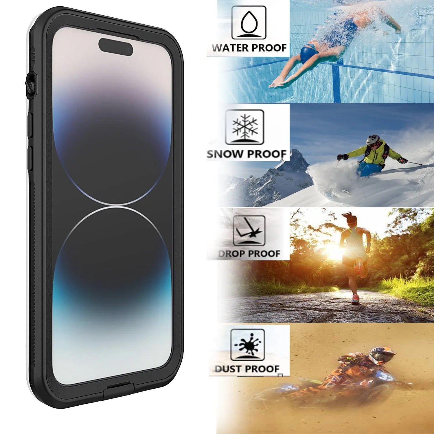Black frosted TPU waterproof anti-fall protective case for iPhone, shown alongside optional pink and blue colour variants.