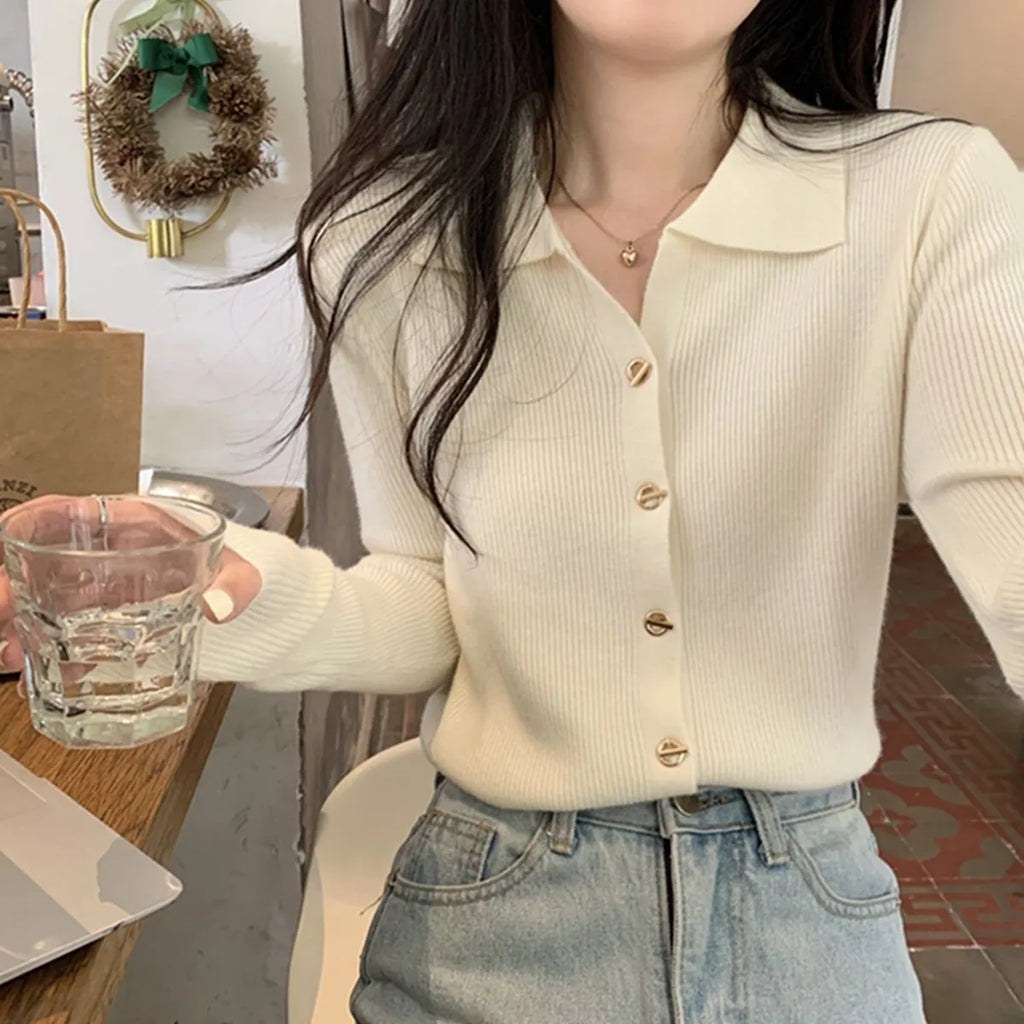Long-sleeved loose fit knitted cardigan top in viscose fabric shown in beige colour