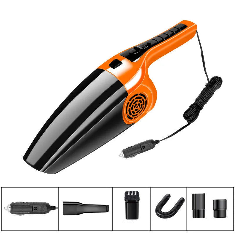 Black and orange handheld car vacuum cleaner with 12V power cord for cigarette lighter socket.