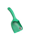 Green plastic cat litter scoop with hollow head and handle on white background