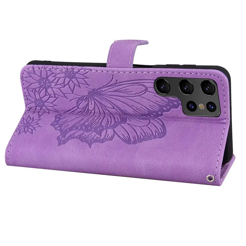Retro big bowknot embossed leather phone case in purple with built-in bracket for iPhone and Samsung models