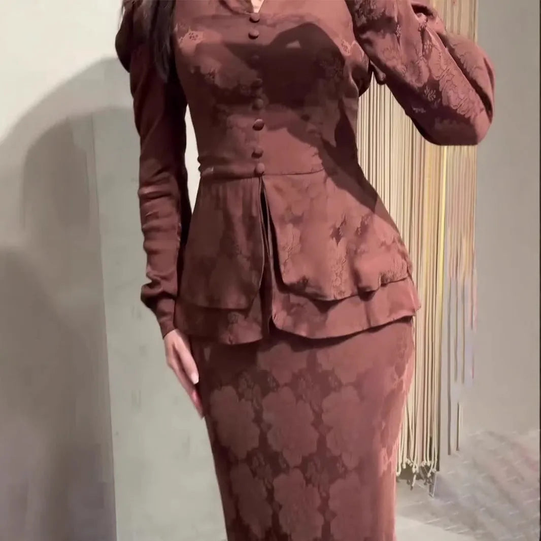 Dark brown women's retro dress with fake two-piece design, button details, and long sleeves.