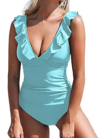 Women's V-neck one-piece swimsuit with flounce design and lace-up back in various colours