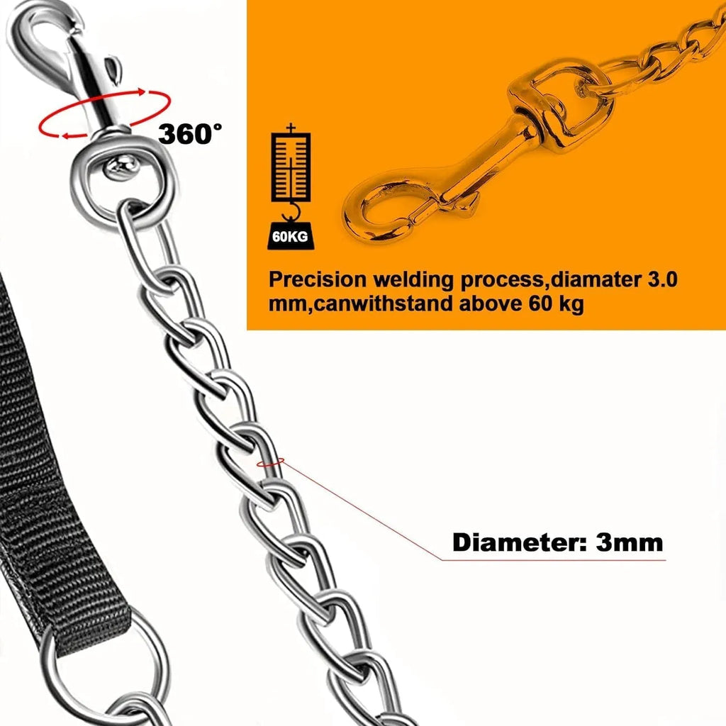 Heavy duty metal dog leash with a soft black padded handle and chrome chain.