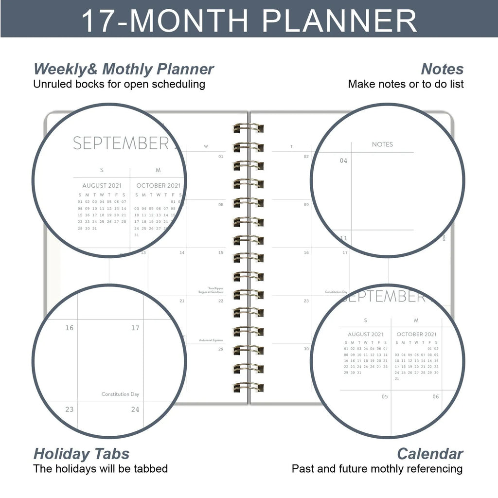Blue and green 2022 student week planner notebook with PU leather cover showing 148 pages and storage pockets