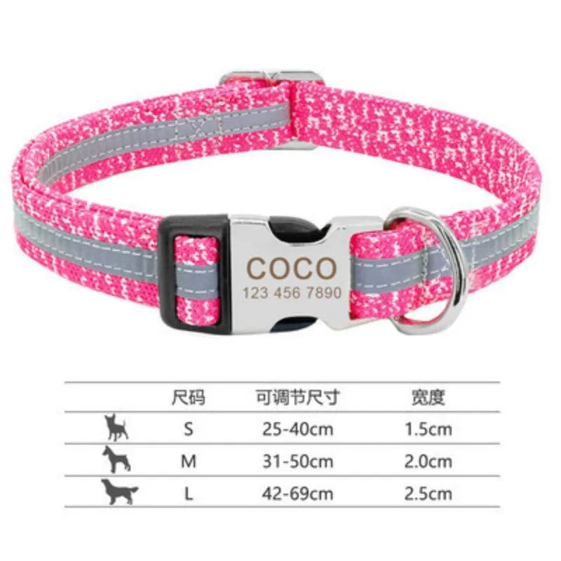 Adjustable nylon dog collar with quick-release buckle in black, green, and rose red