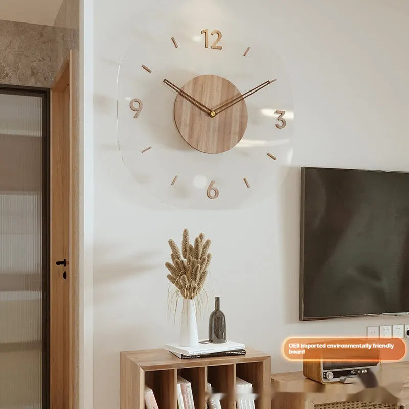 Modern transparent wooden wall clock showing both framed and frameless 35x35cm square designs