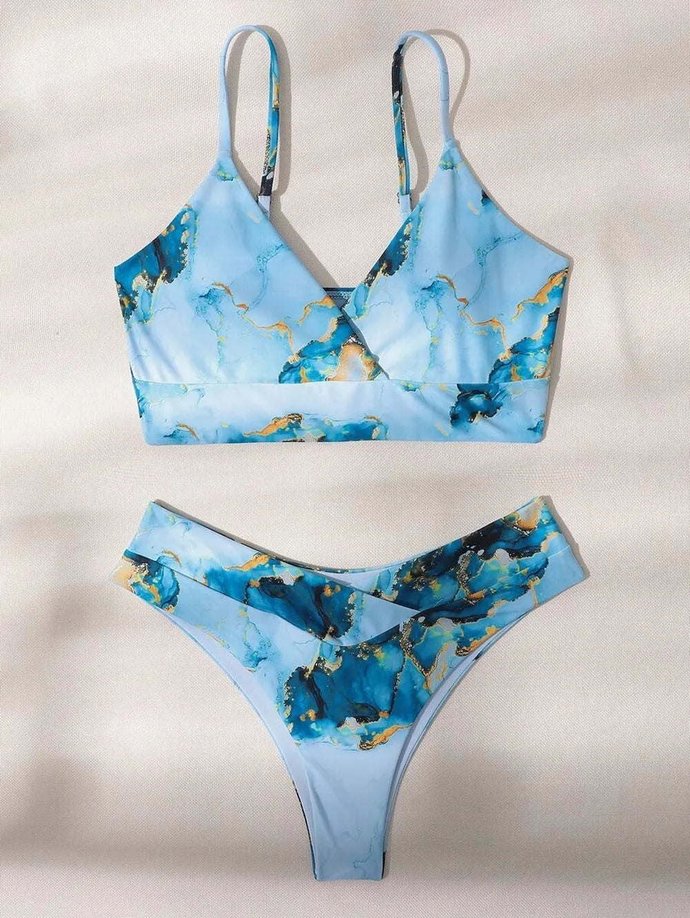 Women's marble tie-dye high-waisted bikini set with U-neck top for swimming sports