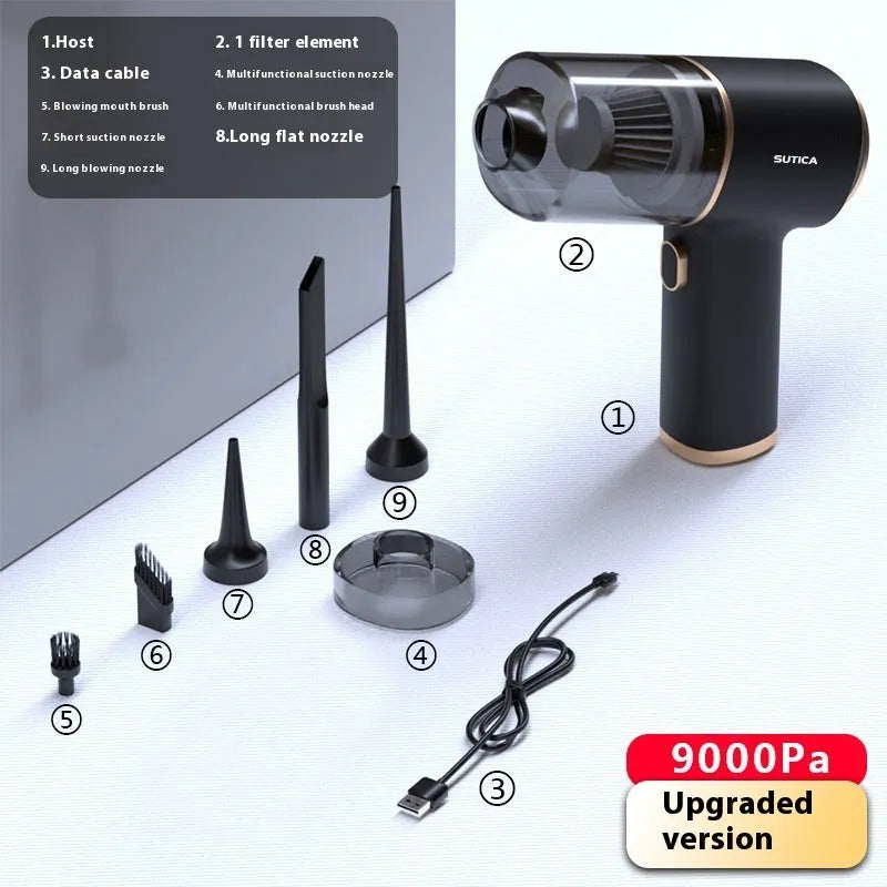 Handheld wireless car cleaner four-in-one blowing vacuum in black with charging base