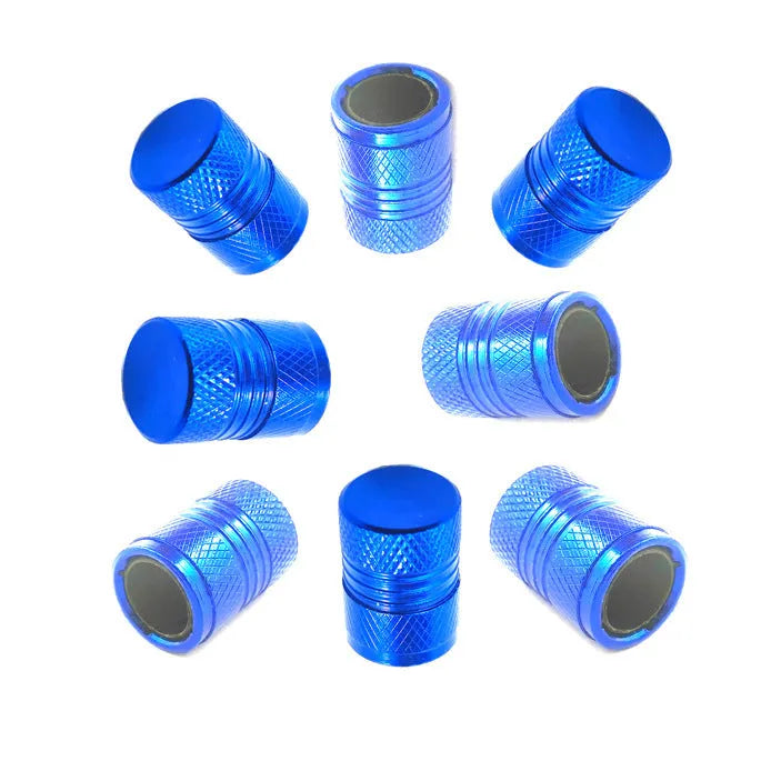 Aluminium car tyre valve dust cap in black, blue, grey, and red colours.