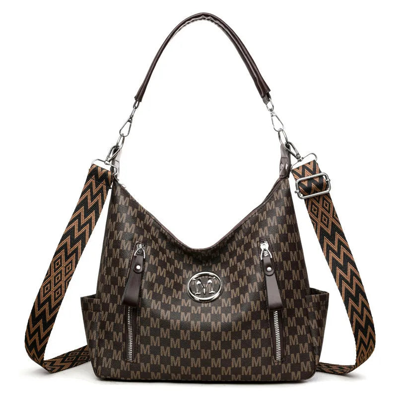 Retro simple printed shoulder messenger bag in PU leather with double straps and sandwich pocket