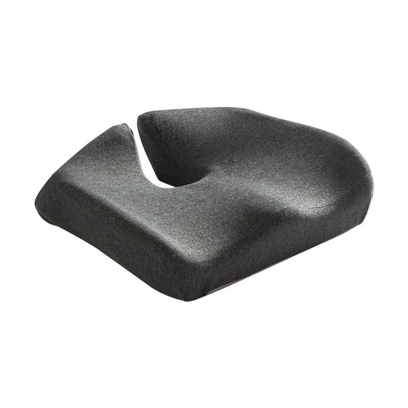 Memory foam office chair cushion in dark grey measuring 36x40x11cm with waist support contour