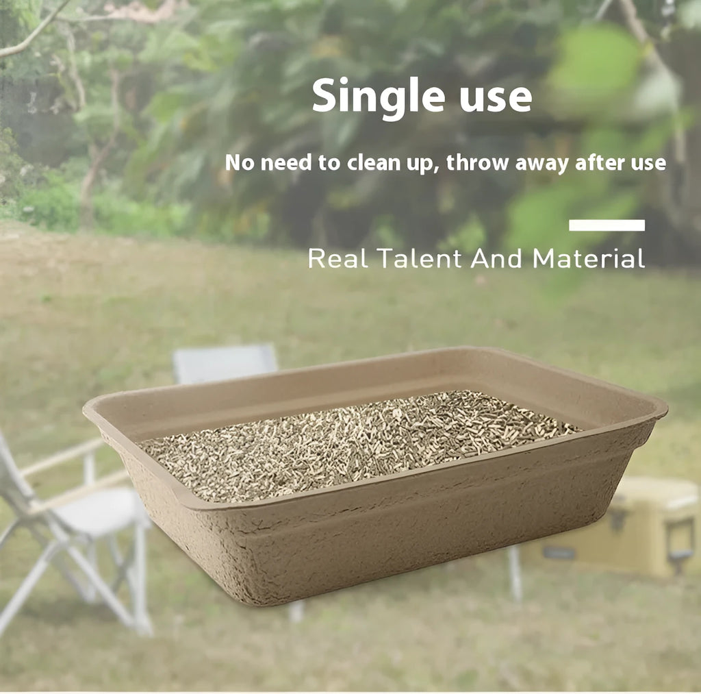 Brown disposable biodegradable cat litter box showing its small box design and waterproof construction.
