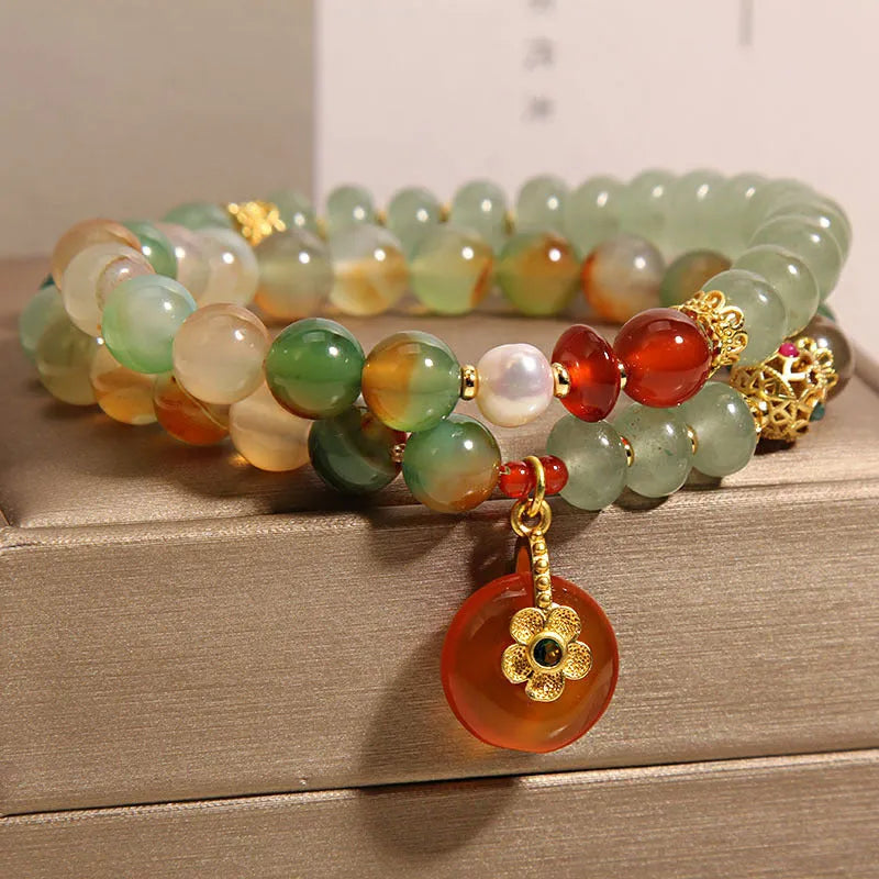 Peacock green agate double ring bracelet for women with safety buckle and rhinestone accents