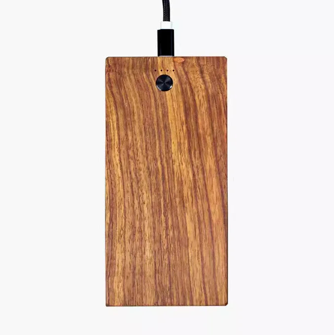 Wooden handicraft power bank with 8000mAh capacity, fast charge output, and slim rectangular design