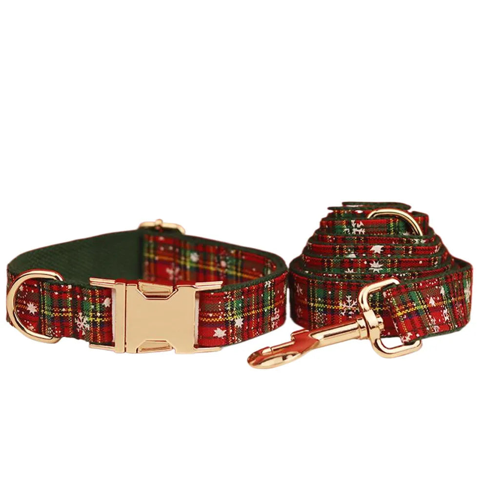 Green snowflake pattern Christmas dog collar set with matching leash, bow, and vest