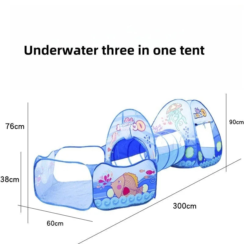 Underwater World themed children's cloth tent with connecting tunnel and ball pool play centre