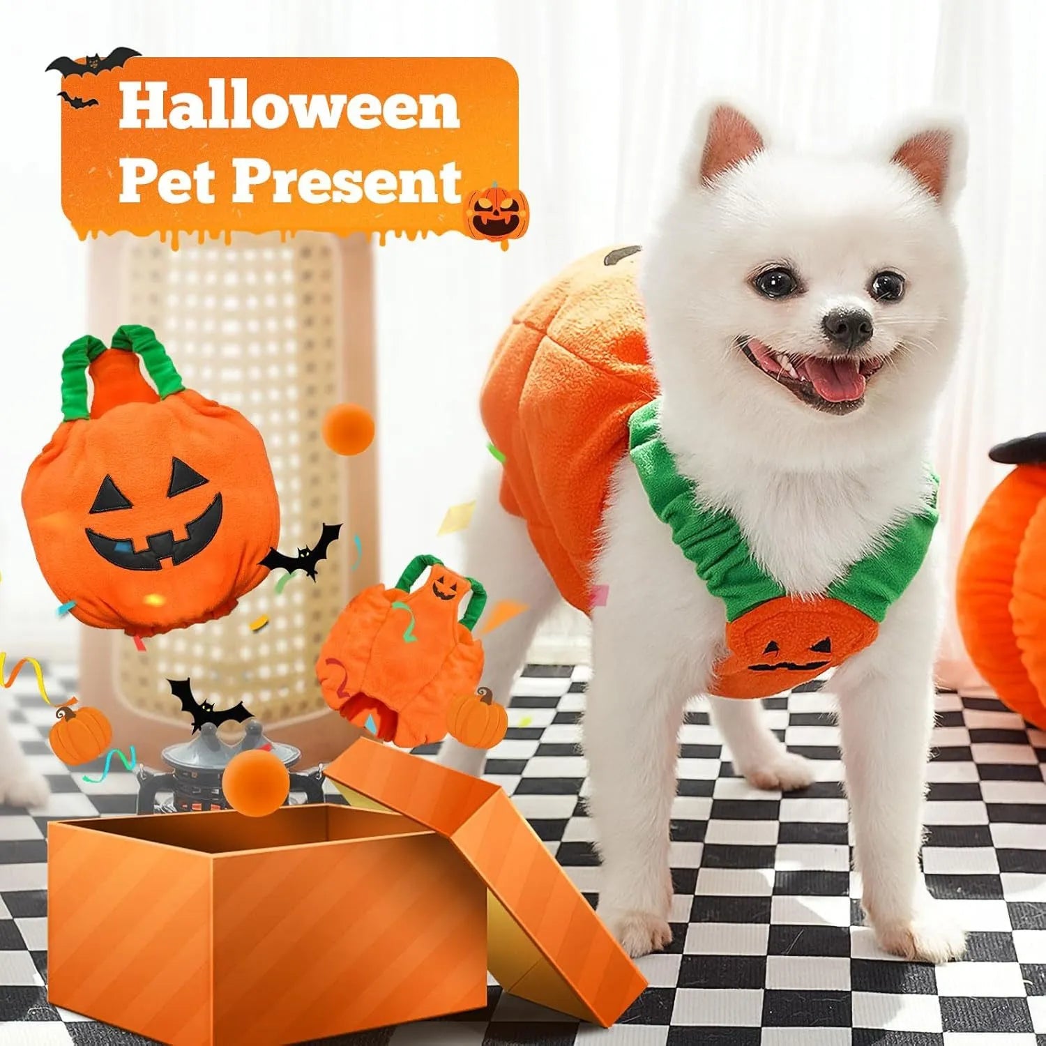 Orange pumpkin plush Halloween costume on small dog with pullover design and soft materials