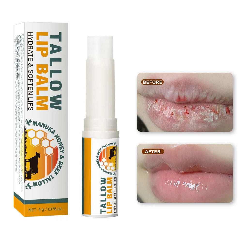 Tallow lip balm stick in a silver metal tin, showing 83mm length and 19mm square shape.