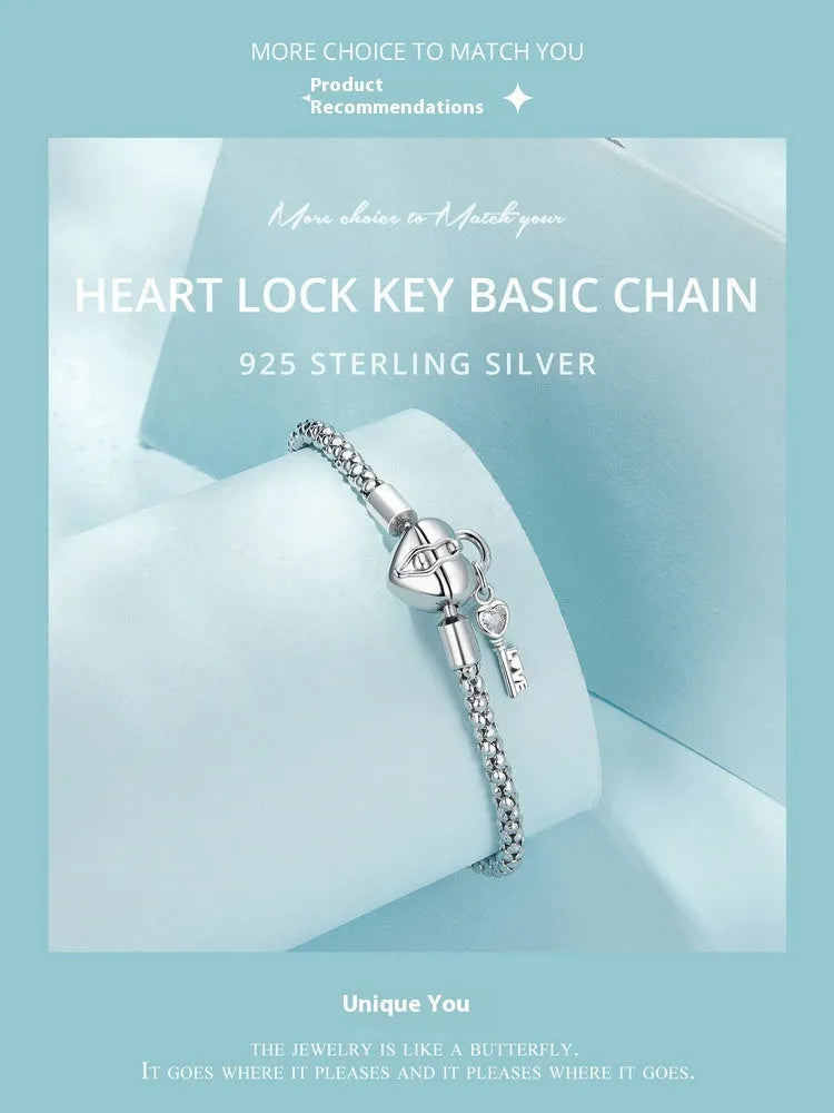 925 silver heart lock key base bracelet in affordable luxury style with electroplating finish, 17cm or 19cm
