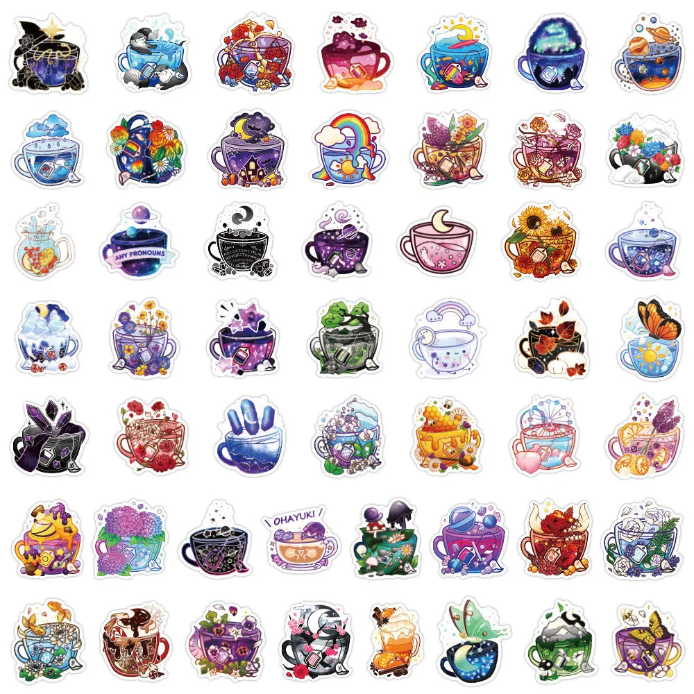 Pack of 50 colourful tea cup graffiti design vinyl stickers for scooter and luggage decoration