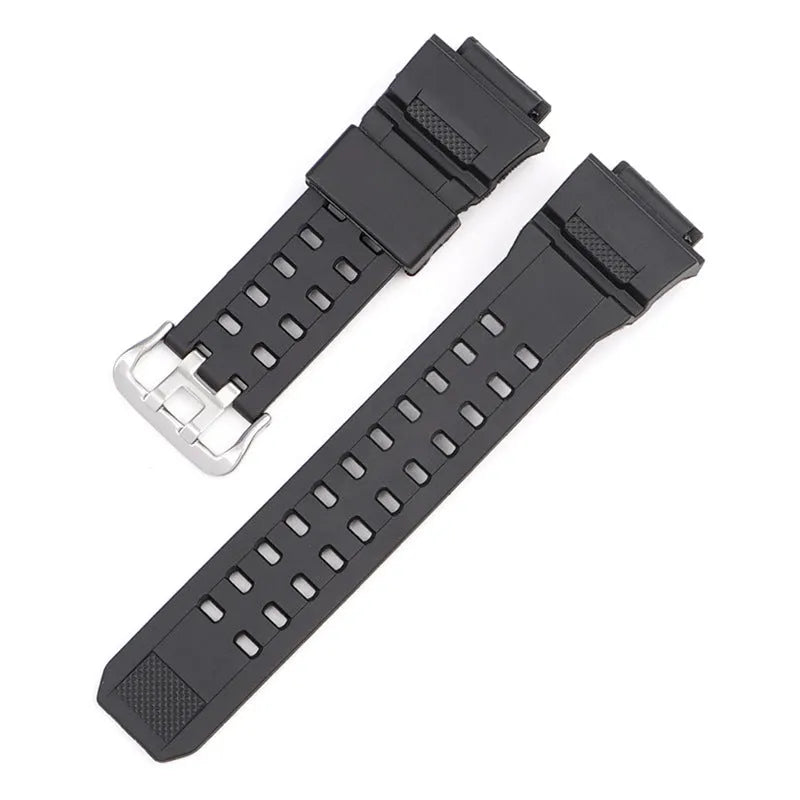 Camouflage pattern TPU rubber watch strap with silver buckle for G-Shock-style watches.