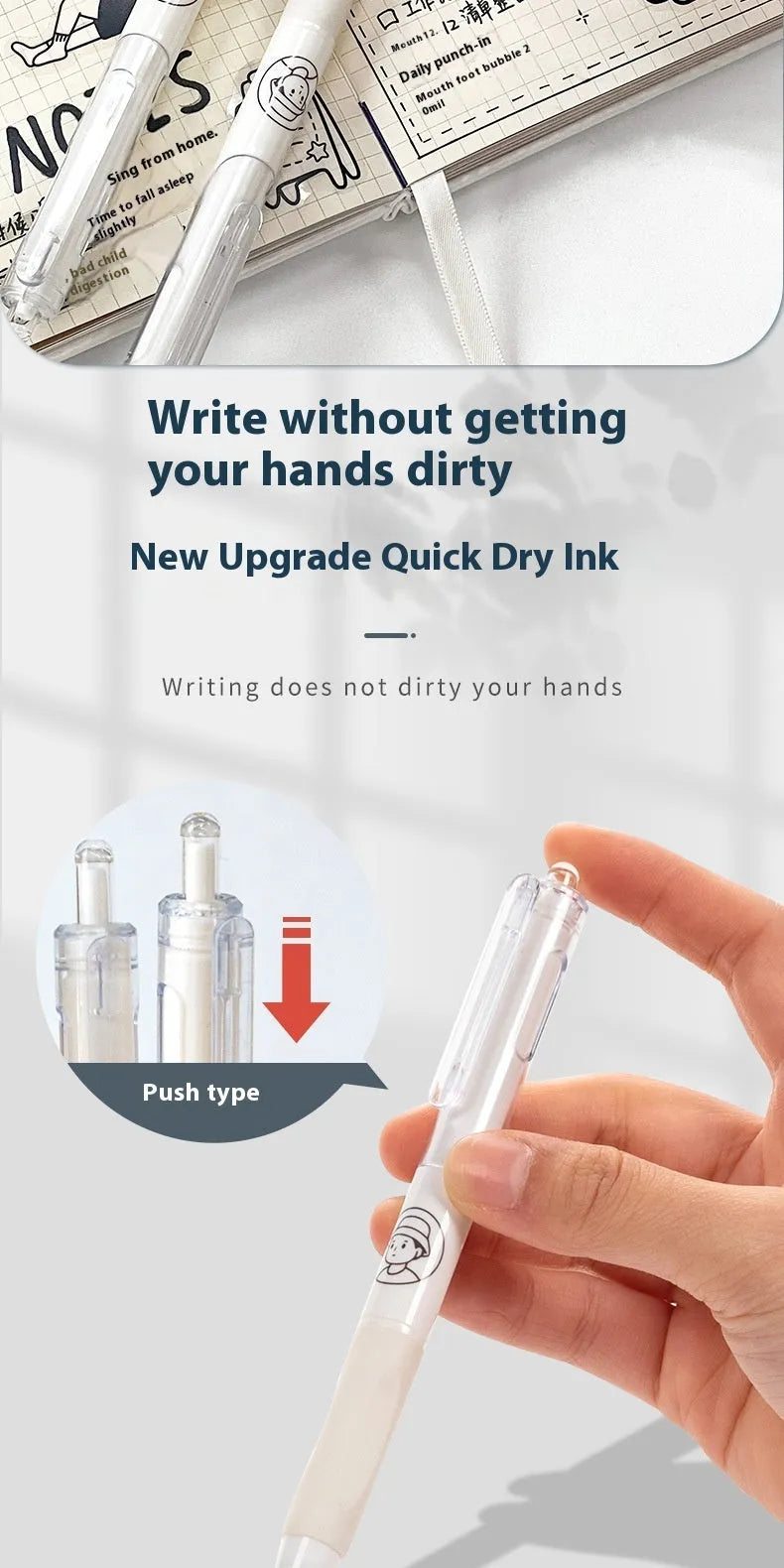 Five white plastic ballpoint pens with 0.5mm black gel ink tips from the Taco series.