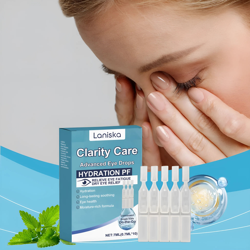 Bottle of moisturising eye drops with mint leaf and sodium hyaluronate for soothing dry eyes.