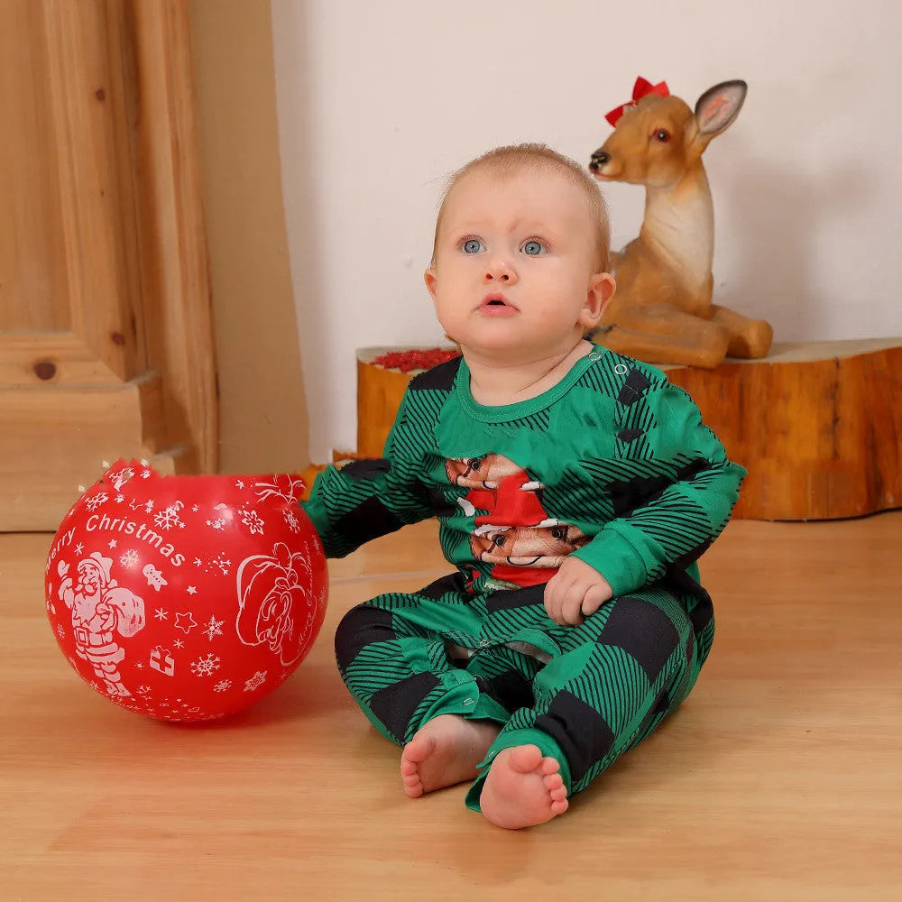 Family set Christmas long sleeve pyjamas in green with animal cartoon pattern on brushed polyester fabric
