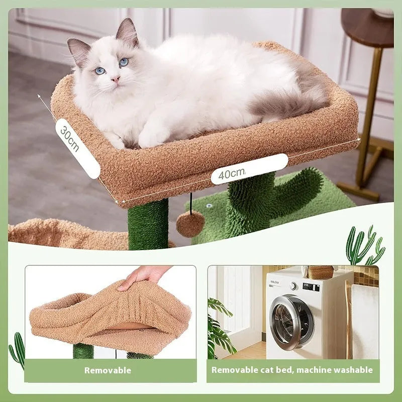 Green cactus wooden cat climbing frame 43x33x87cm with jumping platform and shelf for small and medium-sized cats
