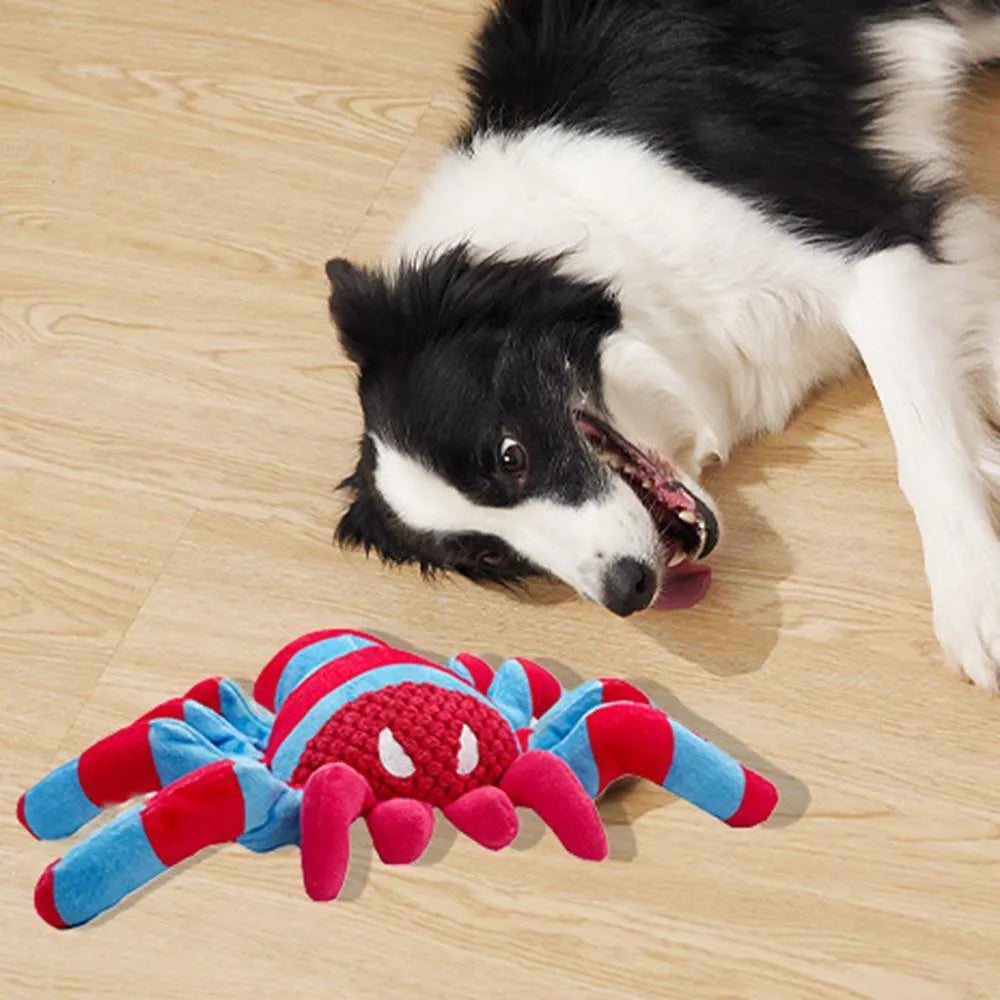 Red plush teddy dog toy with bite-resistant construction and squeaker for medium/large puppies